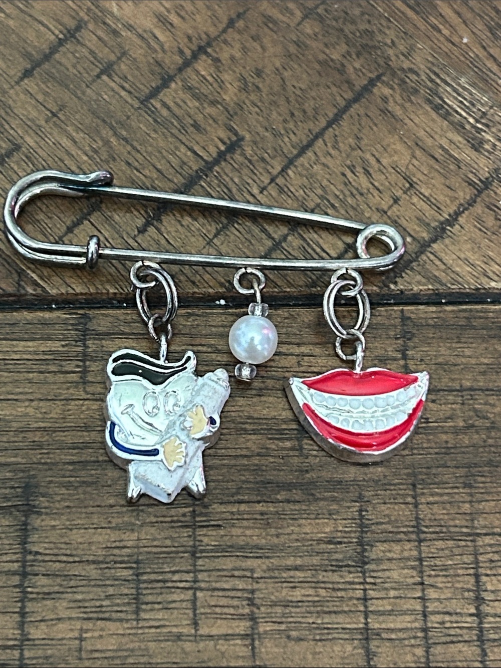 Silver Dental Charm Safety Pin Brooch with Red Smile and Pearl Accent